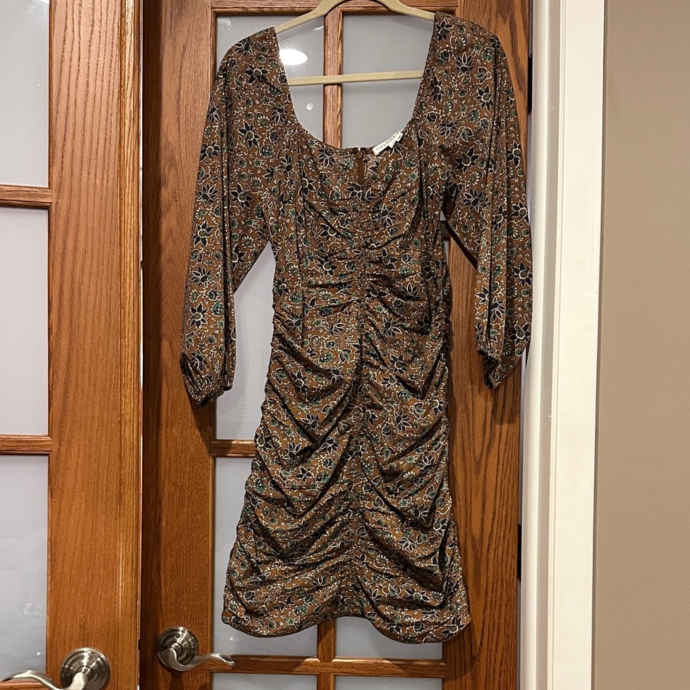 Veronica Beard Brown Floral Ruched Long-Sleeve Mini Dress - Picture 1 of 7